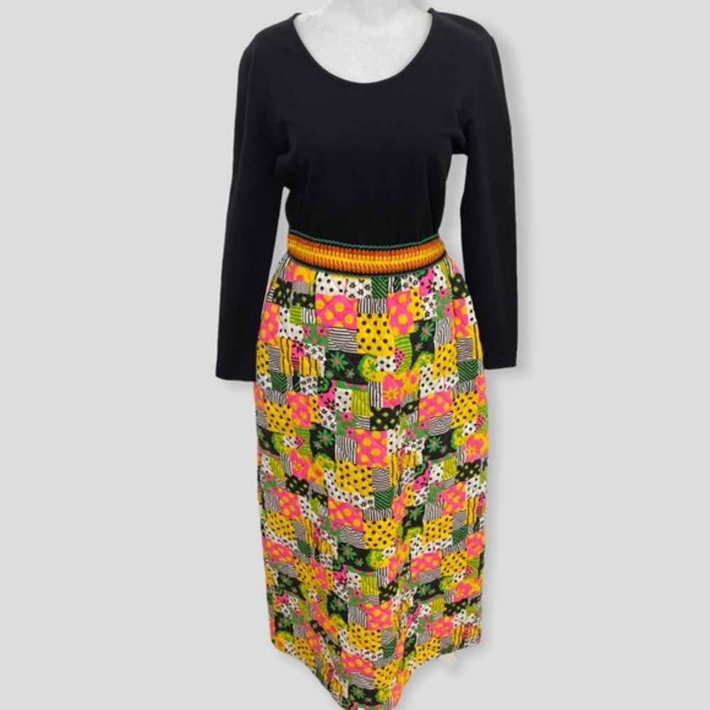 Vintage 70s Long Sleeve Knit Neon Quilted Maxi Dress